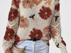 Florence™ | Gebreide V-Hals Trui met Bloemenpatroon