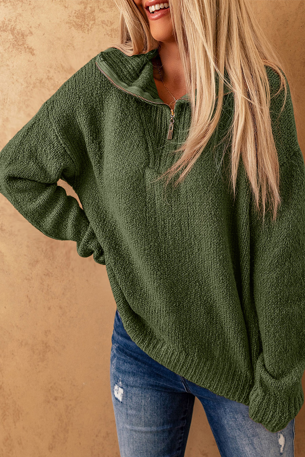 Liora™ | Groene Gebreide Trui met Ritssluiting