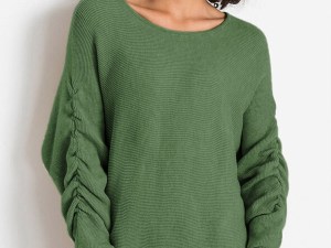 Celesté™ | Groene Gebreide Trui met Gerimpelde Mouwen