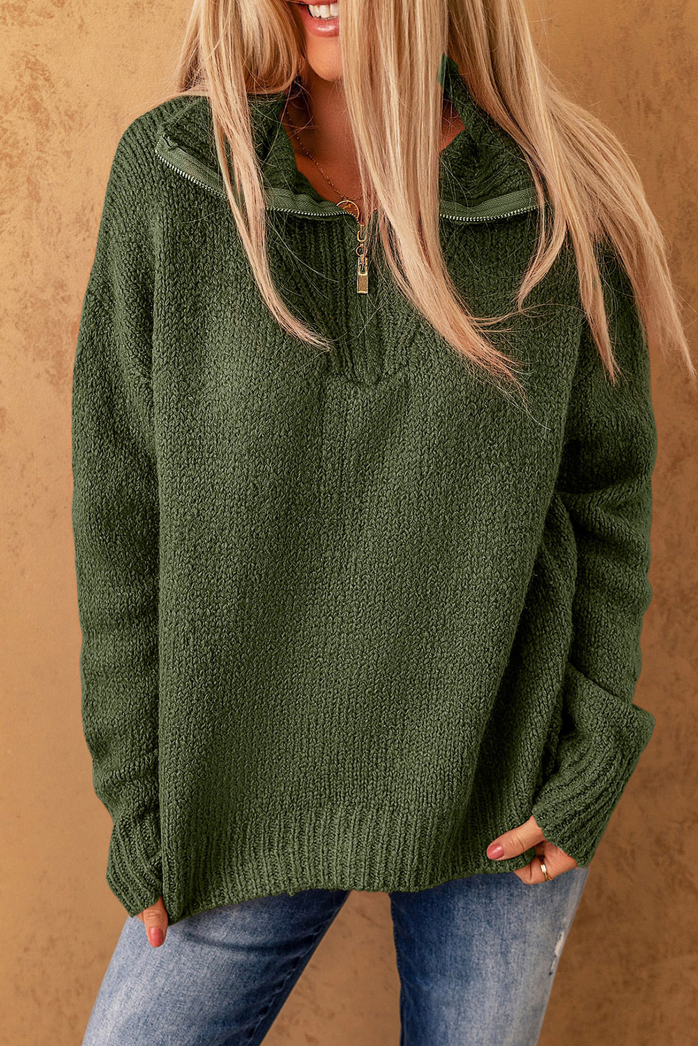 Liora™ | Groene Gebreide Trui met Ritssluiting - Afbeelding 4